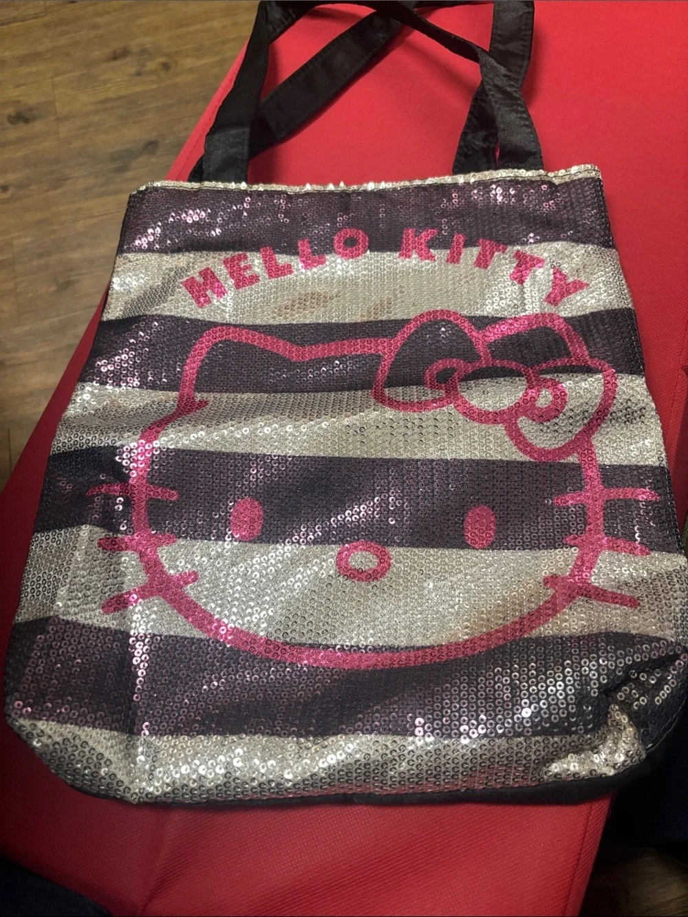 Vintage 2012 Hello Kitty Silver & Pink Sequin Striped Tote